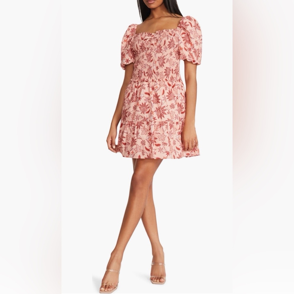 BB Dakota Pink Floral Puff-Sleeve Mini Dress